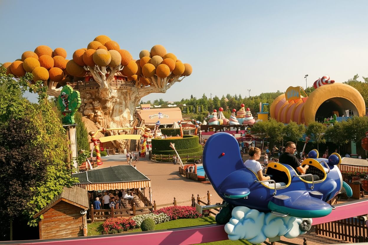 Gardaland theme park entrance with Prezzemolo dragon mascot